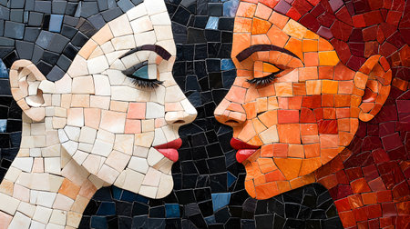 The image showcases a vibrant mosaic art piece depicting two faces, each with distinct expressions. The background is solid, enhancing the emotional contrast between the faces.の素材