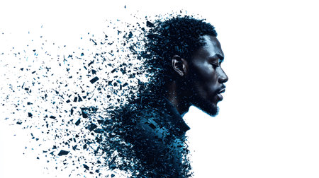 This image showcases a profile of a man dissolving into digital fragments, creating a surreal atmosphere. The transparent background emphasizes the theme of transformation and loss.の素材