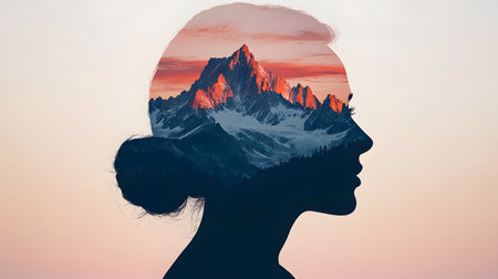 A womanâs silhouette blends seamlessly with a stunning mountain landscape at sunset, evoking tranquility. The background is soft and fades, highlighting her serene expression.の素材