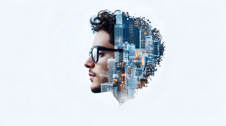 Double exposure of young man in glasses and modern cityscape. Mixed mediaの素材