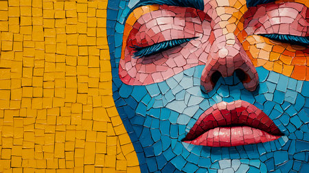Beautiful face of a woman made of ceramic mosaic, close upの素材