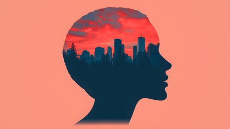 Silhouette of human head with cityscape background. Double exposureの素材