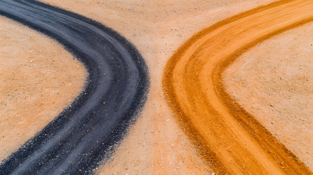 Tire tracks on the road in the desert, closeup of photoの素材