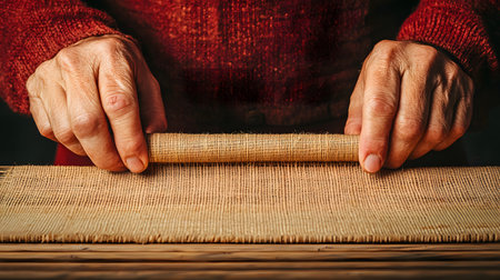 A close-up of hands weaving bamboo strips into a chair frame. The atmosphere exudes craftsmanship and tradition, showcasing a rich heritage in furniture making with no background.の素材