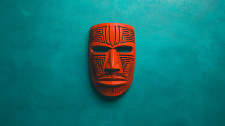 This wooden mask showcases intricate carvings in black on a vibrant orange surface against a solid backdrop. The artistry evokes a sense of cultural heritage, mystique, and artistry.の素材