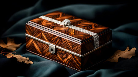 A stunning hand-carved wooden jewelry box, featuring intricate patterns and a glimmering silver band. The box rests on dark fabric with soft leaves nearby, evoking a serene atmosphere.の素材