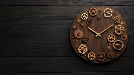 This wooden clock features intricate gears arranged artfully on a dark wooden background. The elegant design showcases craftsmanship, highlighting a warm, inviting atmosphere.の素材