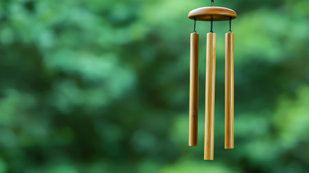 In the foreground, a wooden wind chime sways gently against a softly blurred green background, evoking serenity and peace in a tranquil outdoor setting filled with nature.の素材