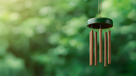 A serene wooden wind chime sways gently against a blurred green backdrop, evoking calm and tranquility. The sun casts a soft glow, enhancing the peaceful atmosphere of nature.の素材