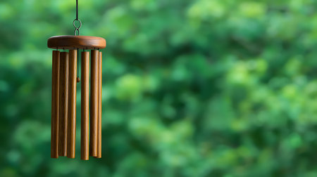 A beautifully crafted wooden wind chime sways softly outdoors against a lush, blurred green backdrop. It evokes tranquility and harmony with nature, inviting peaceful moments.の素材