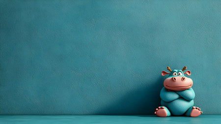 A cute baby hippo with a snarky expression sits with crossed arms. The background is a solid teal wall, enhancing the character's playful mood and providing a whimsical atmosphere.の素材