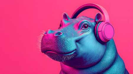 This image showcases a hippo wearing pink headphones against a solid vibrant pink backdrop. Its expression suggests curiosity and confidence, creating a fun, trendy atmosphere.の素材
