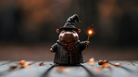 A charming baby hippo dressed in a wizard's robe and hat stands amidst fallen leaves, holding a wand. The background is blurred, enhancing the magical atmosphere of the scene.の素材