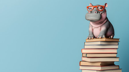 An adorable, snarky baby hippo, cheekily perched atop a stack of colorful books, gazes intently. The soft blue background subtly enhances the amusing atmosphere of curiosity.の素材