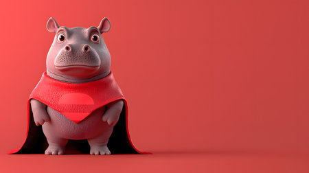 A playful baby hippo dressed in a red superhero cape stands on a solid red background, looking bored yet adorable. Its expression and pose create a whimsical atmosphere, inviting smiles.の素材