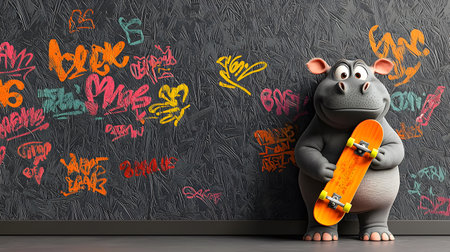A light gray hippo holds a skateboard, posing playfully with a sarcastic expression. The vibrant graffiti wall showcases various colors, enhancing the dynamic atmosphere of the scene.の素材