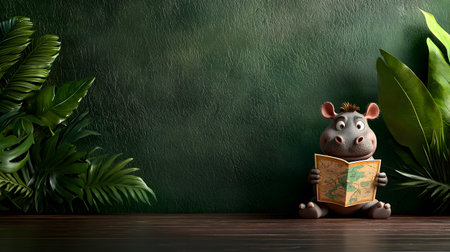 A playful baby hippo gazes at a map, surrounded by vibrant green leaves, evoking excitement and adventure. The textured background enhances the cheerful atmosphere of exploration.の素材