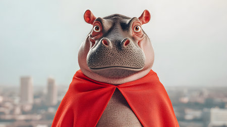 A cute baby hippopotamus wearing a bright red superhero cape displays a bored expression, revealing its comedic charm. The background features a soft cityscape and light colors.の素材