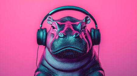 An adorable hippo wearing stylish black headphones gazes intently. The background is solid pink. The playful atmosphere conveys a fun, modern vibe with a touch of whimsy.の素材