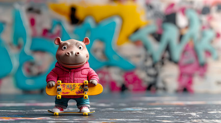 The image features a charming baby hippo holding a skateboard, showcasing a sarcastic expression. Background is a vibrant mural. The atmosphere is playful and artistic, sparking joy.の素材