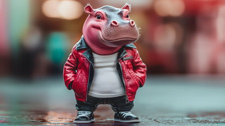 A cartoonish hippo with a sarcastic smirk stands confidently in a red leather jacket and sneakers, positioned against a blurred colorful city backdrop, giving a playful vibe.の素材