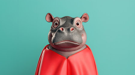 A cute, bored hippo wearing a vibrant red superhero cape poses against a mint-green background, exuding a playful and whimsical atmosphere. The hippo's expression is striking.の素材