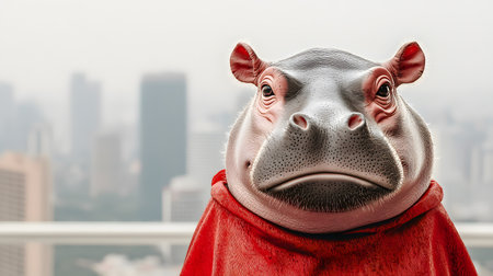 A hippo in a red superhero cape displays a bored expression. The city skyline appears blurred in the background, adding a whimsical charm to the scene.の素材
