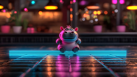 A joyful baby hippo dances on a shiny surface beneath vibrant disco lights, set in a lively space with blurred decor. The atmosphere is playful, inviting happiness and fun.の素材