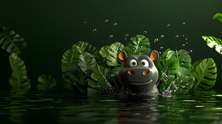 A whimsical hippo splashes water joyfully amidst vibrant green leaves. The atmosphere is lively and playful, with water droplets creating excitement, surrounded by luscious foliage.の素材