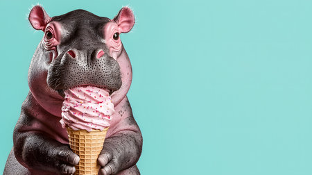 A cute baby hippo holds a large pink ice cream cone with sprinkles. The background is a solid aqua color, creating a fun and whimsical atmosphere full of joy and playfulness.の素材
