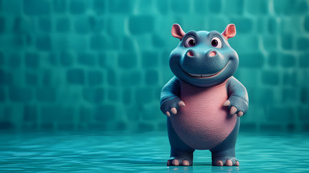 The charming cartoon hippo stands cheerfully in a water setting, with a bright turquoise background. Its playful expression and vivid colors create a joyful atmosphere, instantly uplifting.の素材