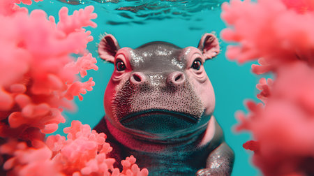A playful baby hippo swims amidst vibrant pink coral in a clear blue underwater scene, radiating curiosity and charm. The image captures a whimsical underwater journey.の素材