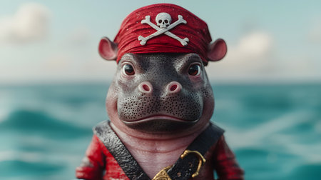This cute baby hippo dons a vibrant red pirate outfit, complete with a skull bandana. The solid ocean backdrop hints at adventure, and the hippo's playful demeanor adds charm.の素材