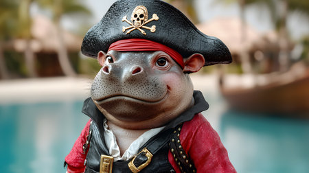 This image features a baby hippo dressed as a pirate, wearing a black hat and red bandana with a bright smile. The blurred background suggests a seaside atmosphere. Adventure awaits!の素材