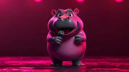 A cheerful baby hippo stands on stage, holding a microphone, smiling widely. The background is a vibrant pink, creating an energetic atmosphere. The hippo exudes joy and confidence.の素材