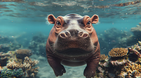 A cute baby hippo swimming underwater, facing the viewer amidst colorful corals and lively bubbles. The scene feels playful and adventurous, with shimmering water enhancing its charm.の素材