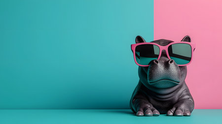 A cute baby hippo wears vibrant oversized sunglasses, resting against a colorful dual-toned backdrop. The atmosphere is playful and fun, enhancing the whimsical vibe.の素材