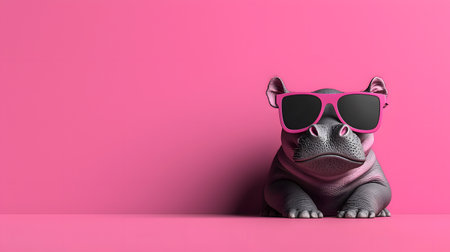 This image features a baby hippo wearing stylish oversized sunglasses. The background is entirely pink, emphasizing the hippo's playful demeanor and unique fashion sense for delightful vibes.の素材