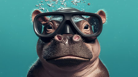 A cute baby hippo with oversized snorkeling gear swims underwater, bubbles surrounding it. The background is a solid teal color, creating a playful atmosphere of underwater joy.の素材