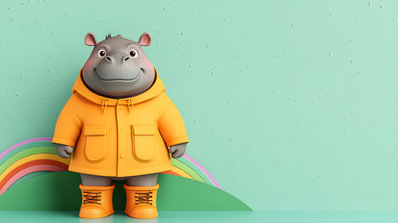 A delightful cartoon hippo wears a vibrant yellow raincoat and boots, standing against a mint green background with faint rain drops. There's a colorful rainbow behind, creating joy.の素材