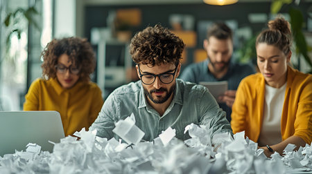 A focused group of four diverse creators collaborates amid a sea of crumpled paper, deep in thought. The atmosphere is intense yet creative, showcasing determination and innovation.の素材