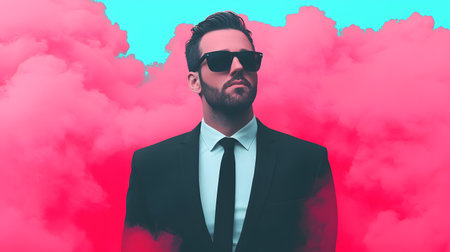 A man in a black suit and sunglasses stands confidently amidst swirling pink smoke, with a bright blue sky behind. The atmosphere is bold and striking, emphasizing his poised demeanor.の素材