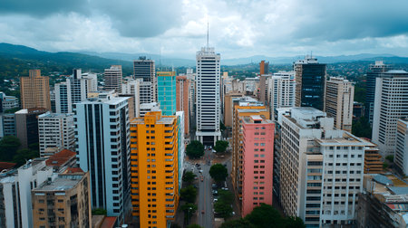 A drone captures a vibrant cityscape filled with colorful skyscrapers. The background shows green mountains. The atmosphere is lively, depicting urban energy and modern architecture.の素材