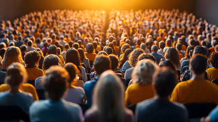 An expansive audience enjoys a captivating performance in an open-air theater, surrounded by a warm, golden glow that enhances the vibrant atmosphere of unity and excitement.の素材