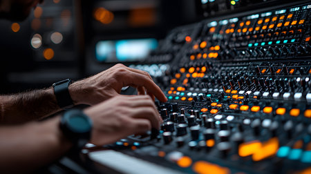 A music producer's hands skillfully adjust various knobs and buttons on a complex synthesizer, creating deep sounds. The studio background is blurred, enhancing focus on the gear.の素材