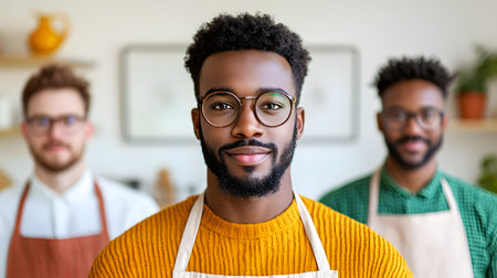 In a vibrant studio, a confident individual in a yellow sweater smiles warmly, flanked by two others. Background uncertain, atmosphere lively, showcasing teamwork and artistic passion.の素材