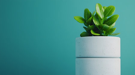 This image showcases a lush green plant seated in a sleek white pot, with a soothing teal backdrop present. The overall atmosphere feels fresh and invigorating, promoting tranquility.の素材