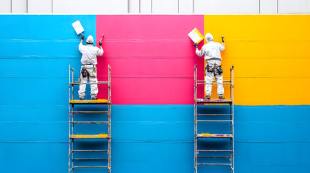 Two painters on scaffolds apply bright pink, yellow, and blue paint to a large wall, creating murals. The atmosphere feels energetic and creative, showcasing urban art's vibrancy.の素材