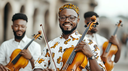 This lively image depicts musicians performing in an outdoor setting, radiating joy and camaraderie. The main figure smiles broadly, holding a violin, wearing a patterned shirt.の素材