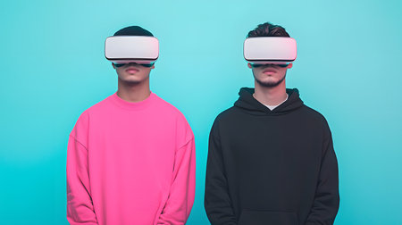 Two young men wear futuristic VR headsets, standing against a vibrant blue backdrop. The atmosphere feels modern and tech-savvy, emphasizing youth culture and innovation in gaming.の素材